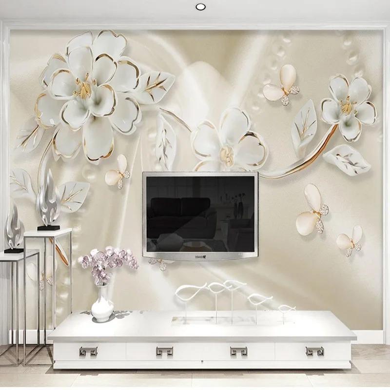 Tapet Foto Modern 3d Relief Stereo Flori Albe Picturi Murale Living TV Canapea Fundal Picturi Murale Decor Acasă