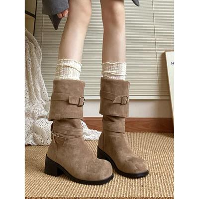 Kadın Vintage Yığın Batı Kovboy Çizmeleri İlkbahar Sonbahar Uzun Çizmeler Kadın Yuvarlak Burun Slip on Diz Boyu Günlük Platform Botas Mujer
