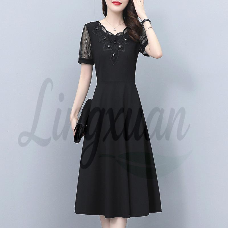 Hollow Lace Short Sleeve Slimming Mid-Length Plus Size Women s Summer Dress for Young Moms 2026 2XL