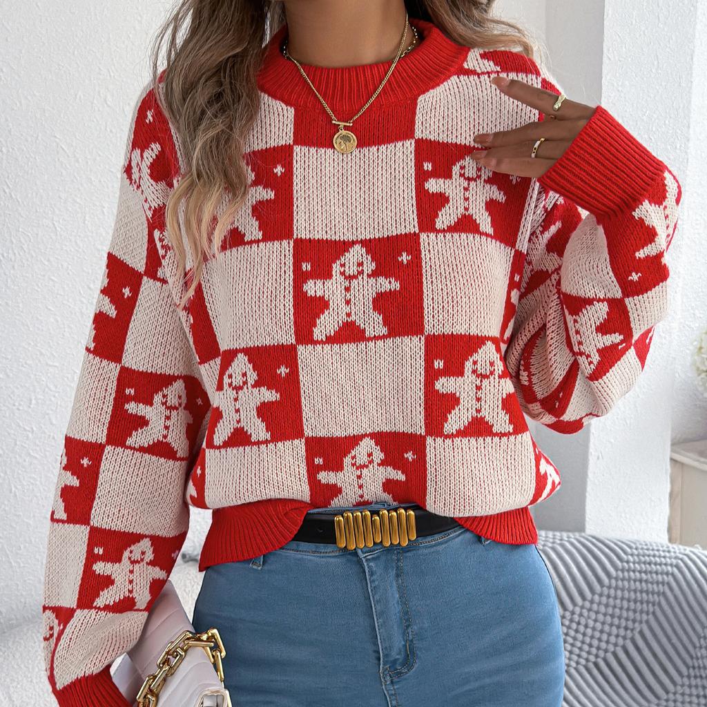 GMXIA Autumn and Winter Snowman Checkered Lantern Long-sleeved Pullover Sweater Women's Christmas