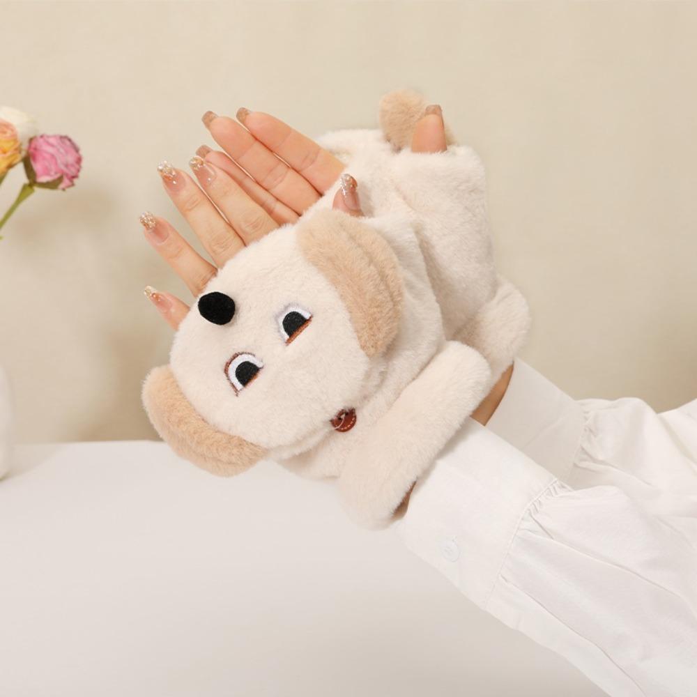 Dog Cartoon Plush Mittens Thickened Flip Cover Plush Gloves All-Match Half Finger Gloves  Winter