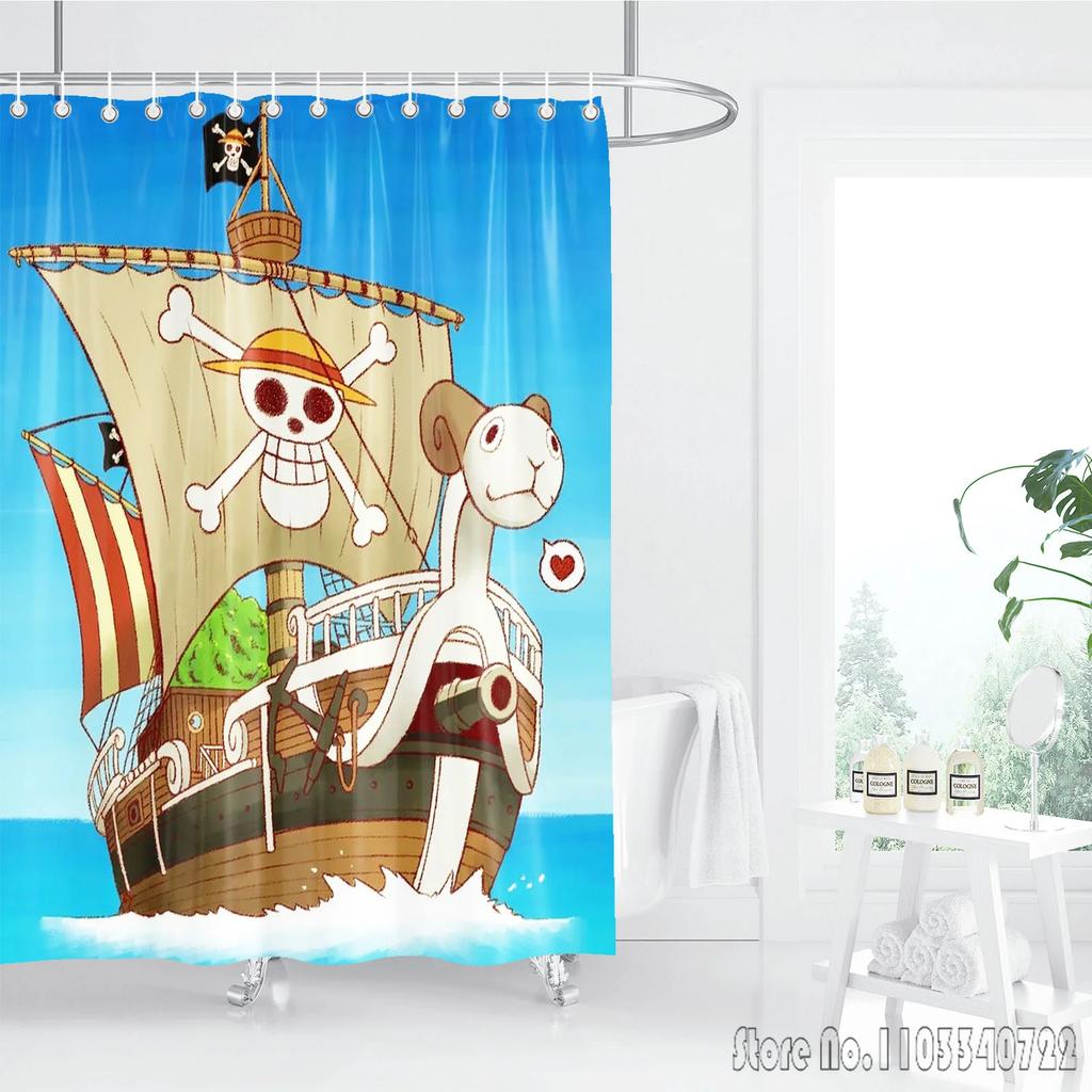 Shower Curtain One Piece Luffy Straw Hat Anime Waterproof Fabric Bathroom Curtain With Hooks, Cartoon Bath Curtain For Home Deco