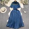 Runway Elegant Women Ruffled Collar Cowboy Shirt Dress New Vintage Summer Embroidey Flower Single Breasted Denim Long Dresses