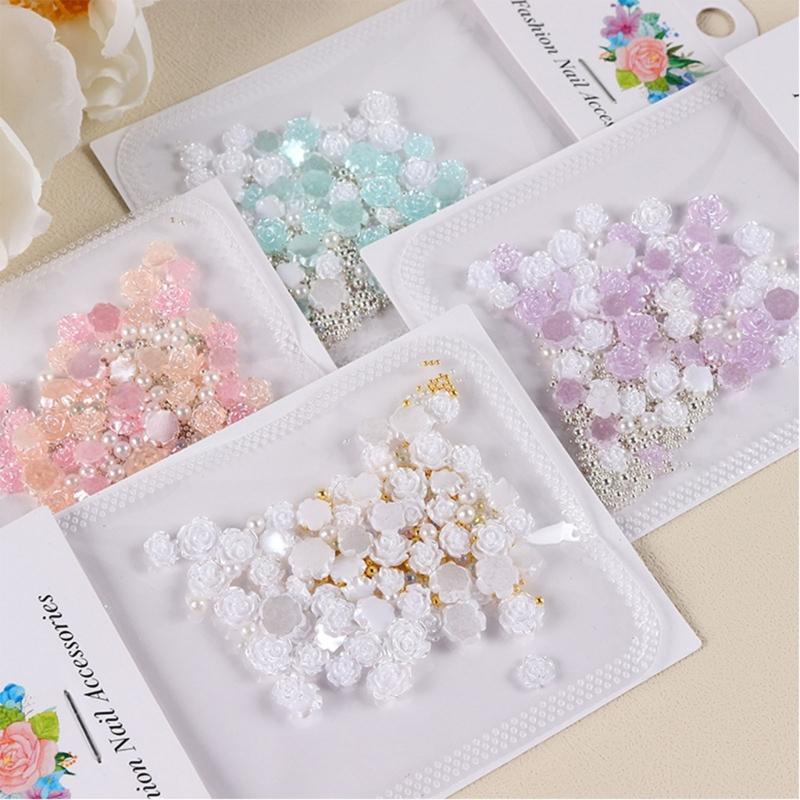 50Pcs Rose Flower Nail Art Decorations with Mini Pearls Resin Flower Nail Art Charms for DIY Acrylic Nails Bride Nail