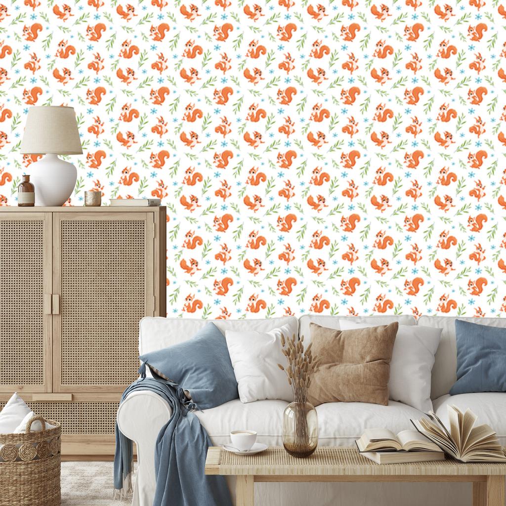 Squirrel Wallpaper White and Peach for Living Room and Bedroom 50x1000
