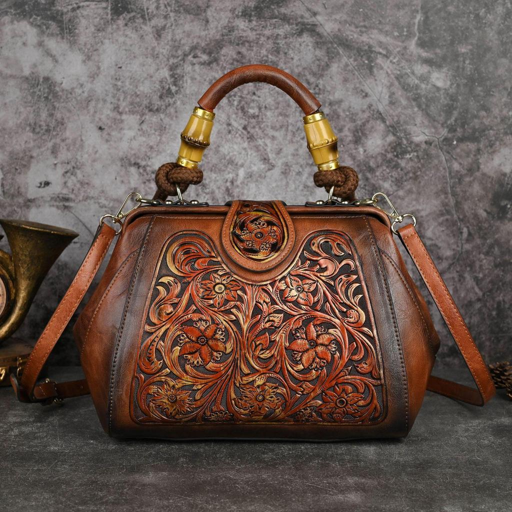 Johnature Luxury Handbag Vintage Handmade Leather Carved Women Bag Versatile Female Shoulder & Crossbody Bags