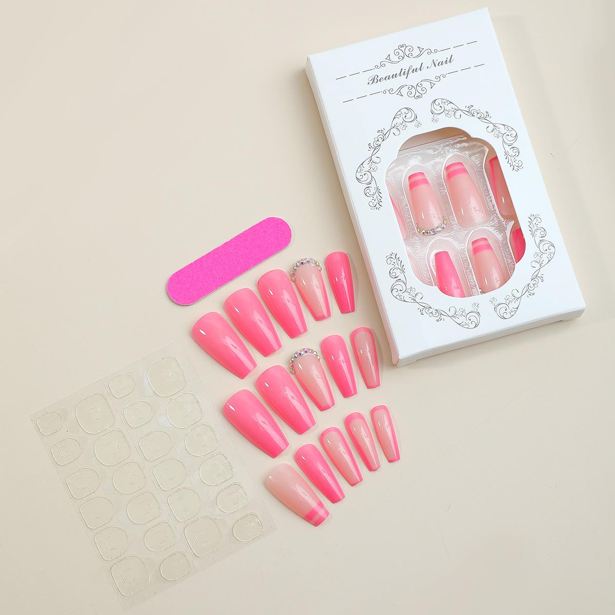 

Французский розовый глиттер стразы длинные ногти - носимые типсы для нейл-арта