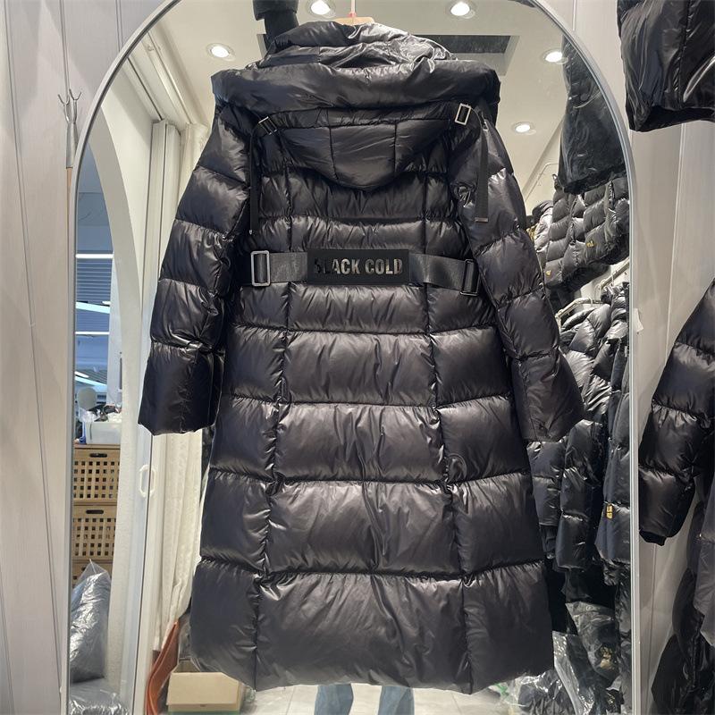 Winter new goose down jacket women's long knee hooded waist thin fashion glossy warm women's coat tide