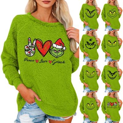 Women's Fashionable Round Neck Long Sleeved Christmas Printed Loose Plush Warm Pullover Top