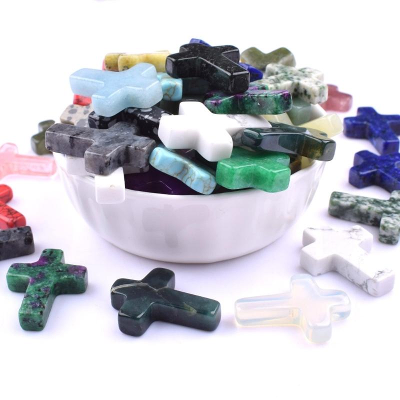 Pack of 19 Crystal Crosses Charm Holeless Design Natural Energy Enhancers for Meditations Home Office Desk Decors Craft