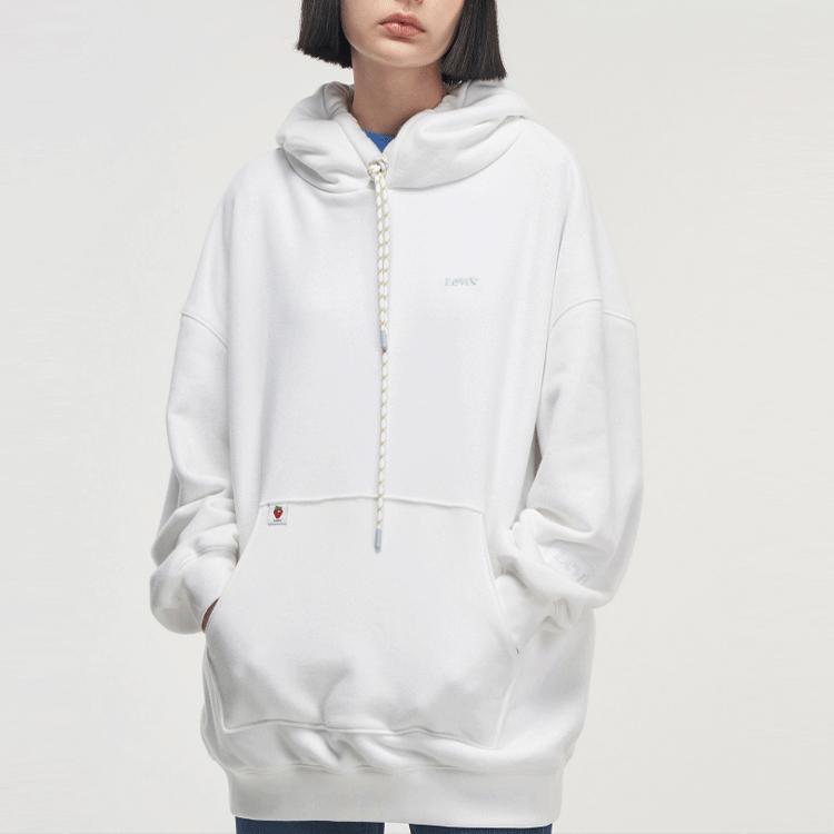 Levis Logo Embroidered Drawstring Hooded Loose Casual Sweatshirt Women sweatshirt White A0781-0003