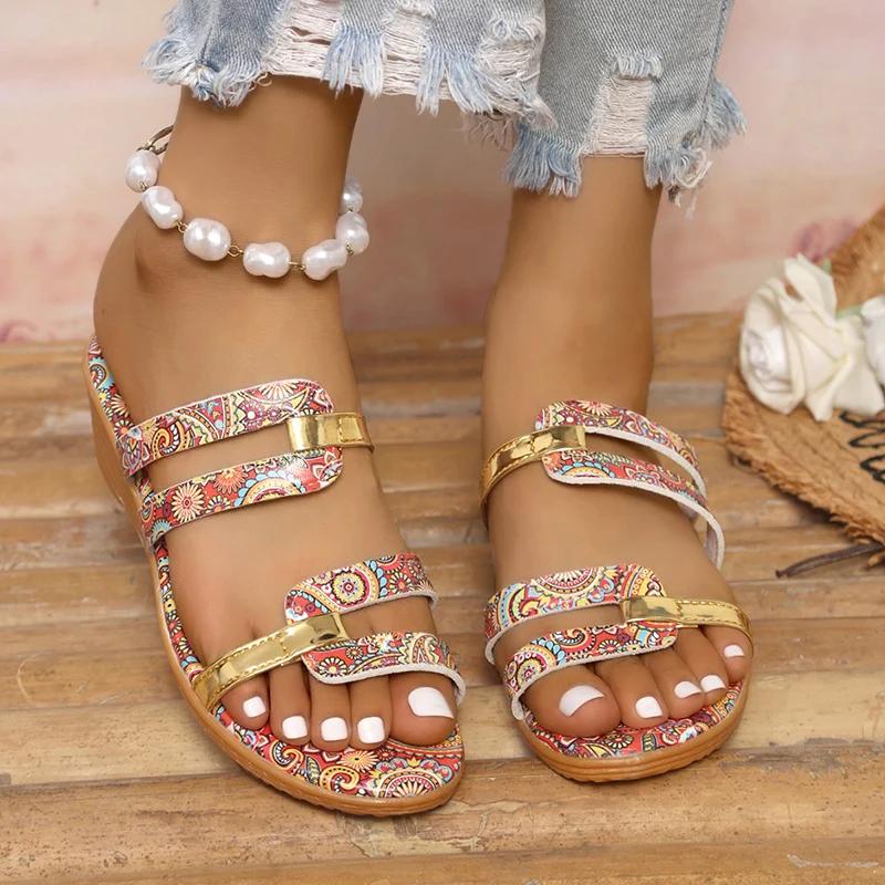 Fashion Fashion Printed Wedge Slippers Women Summer Comfortable Non Slip Beach Slides Woman Lightweight Floral Bohemian Outdoor Sandals