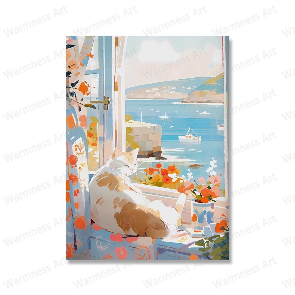 Adorabili gatti guardano il paesaggio, stampe artistiche su tela, quadri del viaggio a Firenze, montagna Fuji, Parigi, Grecia, poster