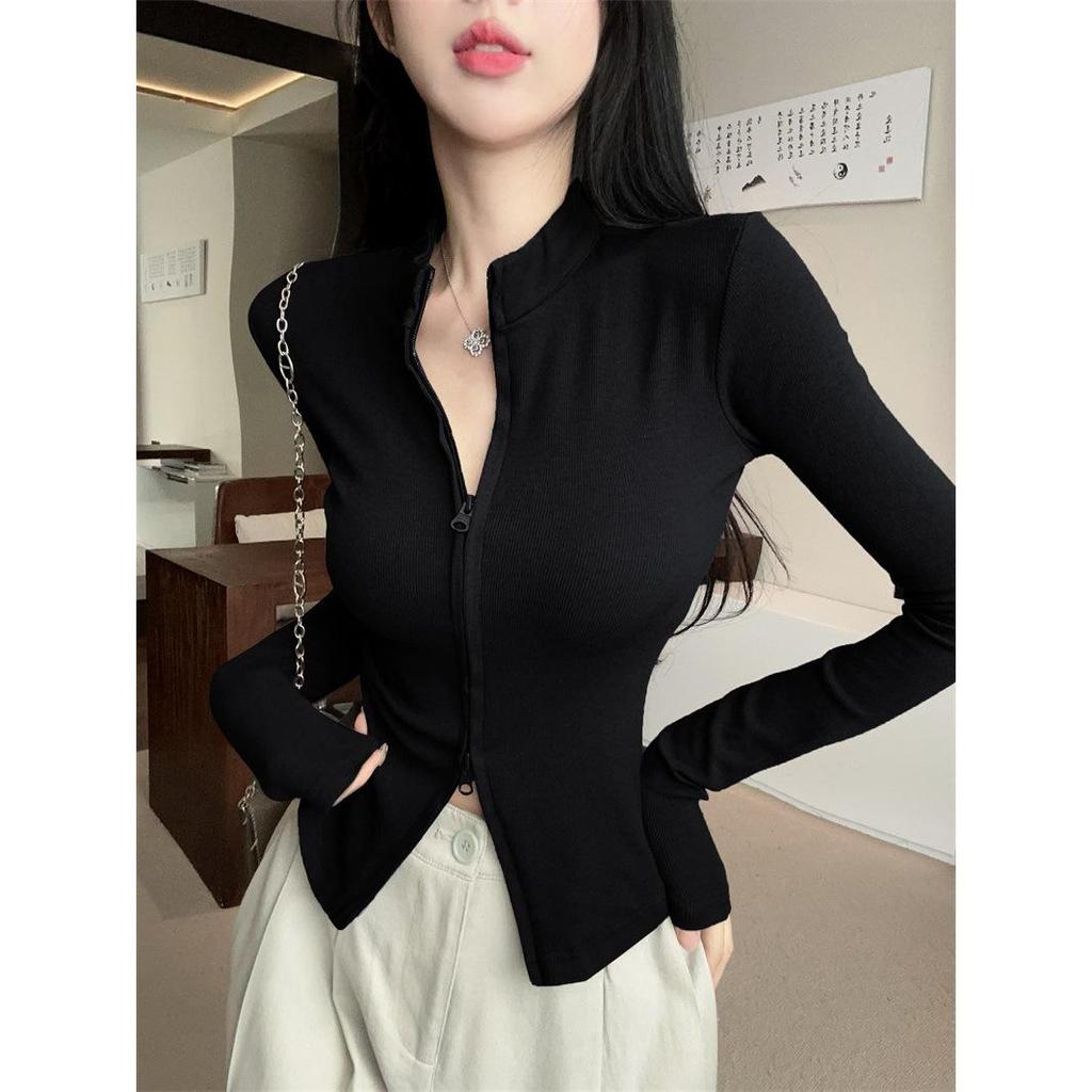 Hong Kong Style Stand-Up Collar Zip-Up Slim Fit Cardigan Jacket - Women's Long Sleeve Sweet & Cool Look