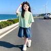 2026 Summer Striped Letter T-Shirt & Color Block Jean Shorts Set for Girls