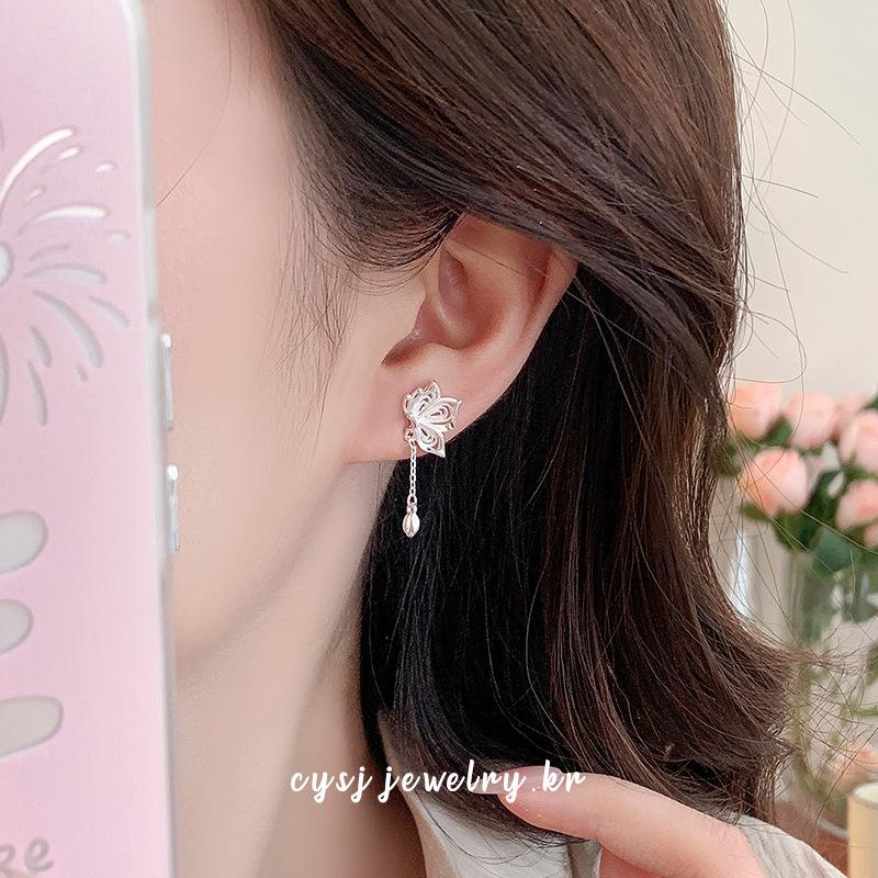 Cui Yan S925 Sterling Silver Korean Sweet Hollow Butterfly Tassel Earrings for Women - High-End Niche Style