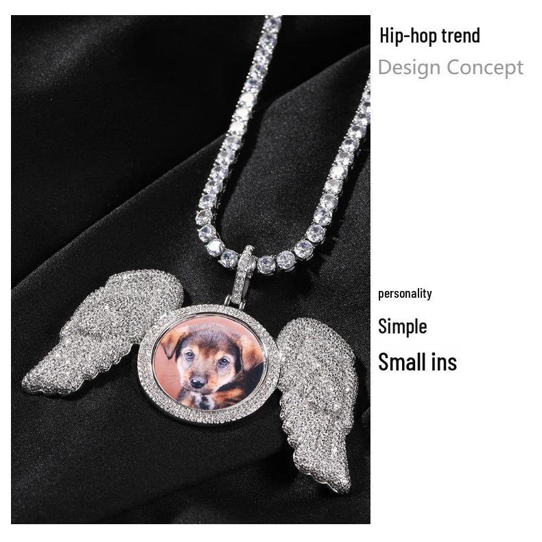 Cross-Style Rhinestone Wing Photo Frame Pendant Necklace - European American Hip Hop Fashion