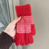 Simple striped knitted plush gloves for women, cold protection and warmth in winter, versatile outdoor cycling, dew fingers