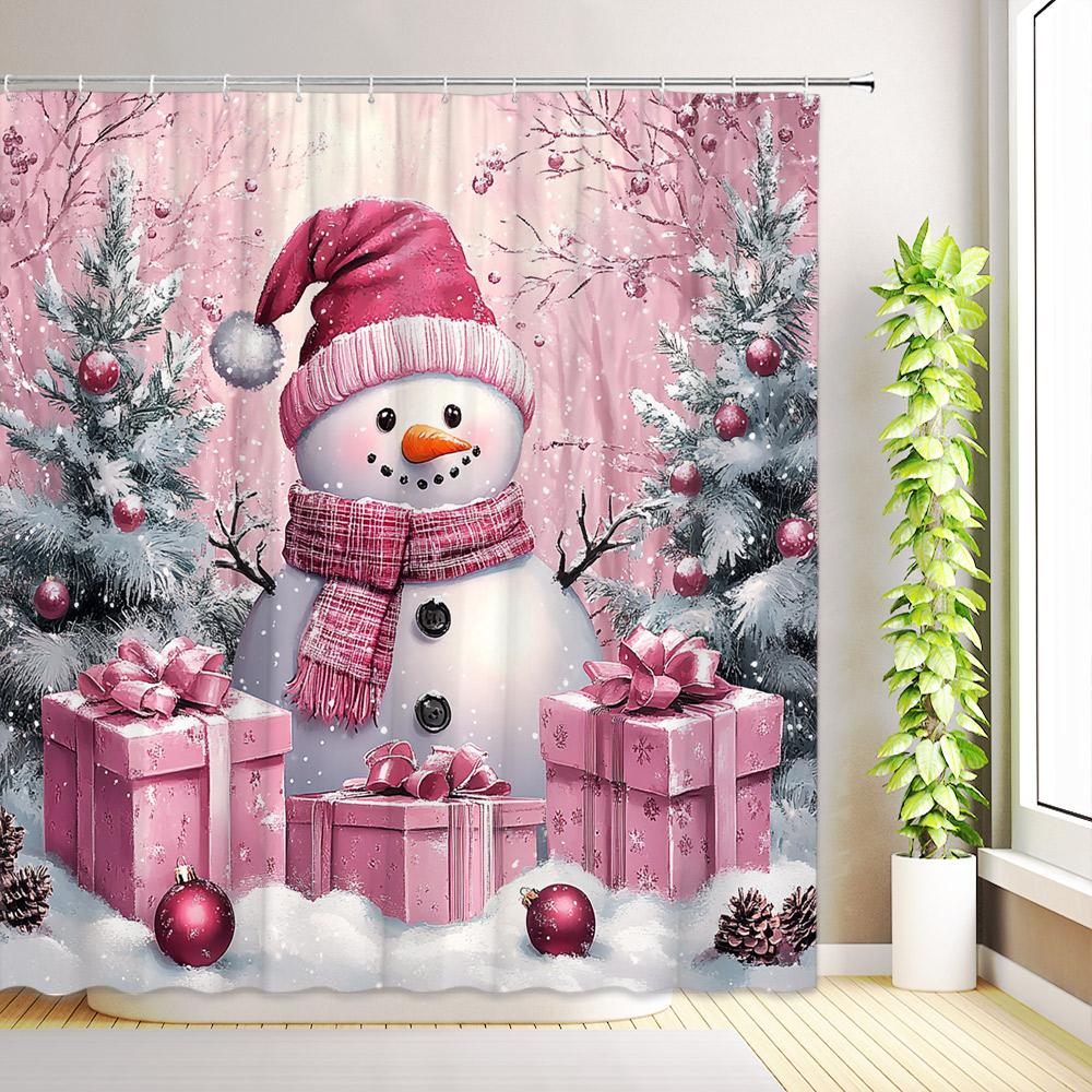 Christmas Cute Snowman Shower Curtains Santa Claus Winter Snowflake Snow Scenery Cedar Reindeer Xmas Bathroom Decor With Hooks