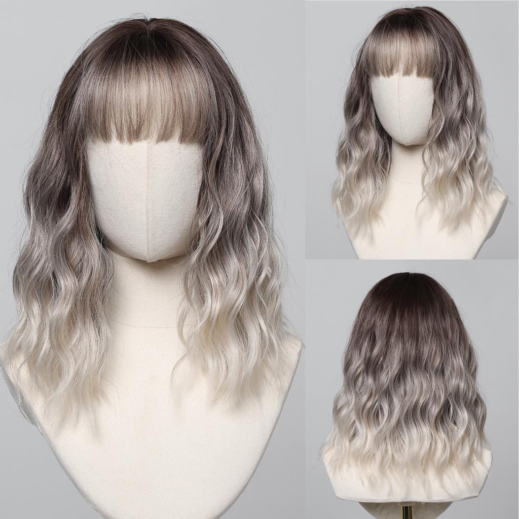 Short Wavy Wine Red Synthetic Wigs for Women Curly Lolita Wigs With Bangs Shoulder Length Wigs Natural Looking Daily Cosplay