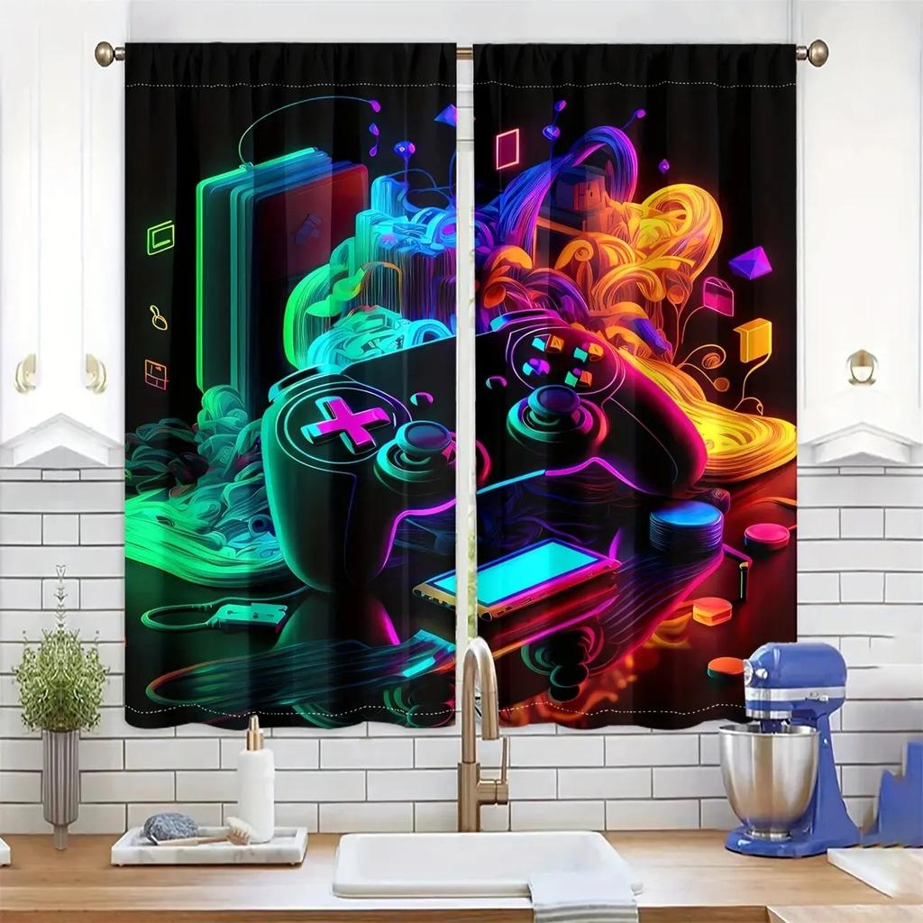 Set Of 2 Modern Jit Luminous Gamepad Curtains Polyester Drapes Gaming Room Window Decor Home Curtain Blackout With Rod Pocket