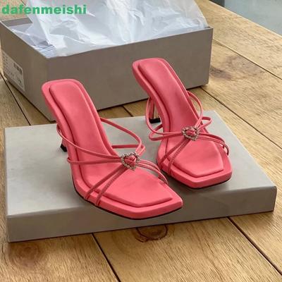 Heart-Shaped Crystal Square-Toe Sandals 2025 New Summer Open-Toe Stiletto Heels Thin Straps Slip On Slippers White/pink Sandals