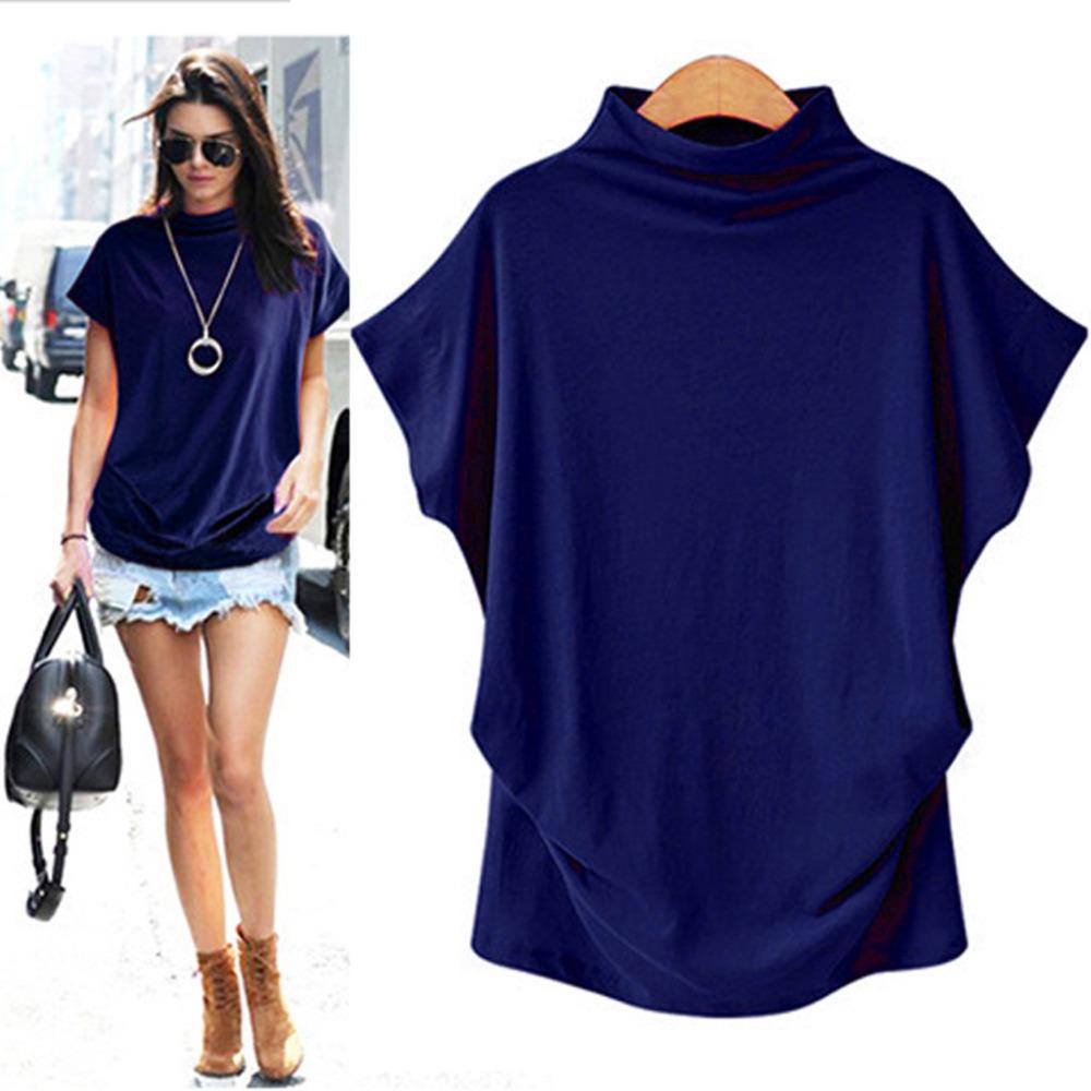 Plus Size Women's Solid Batwing Sleeve T-Shirt - Half-High Collar, Loose Fit, Polyester-Cotton Blend, Short-Sleeve