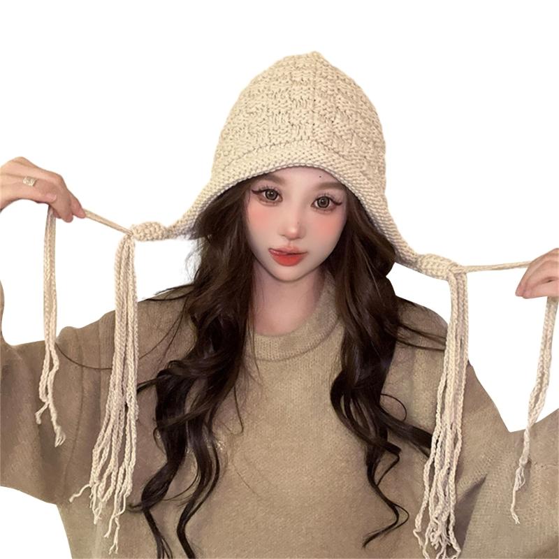 Handmade Fringed Braids Hat Y2K Sweet Girl Warm Beanie Hat InsStyle Bonnet Winter Autumn Skull Hat Pullover Earflap Hat
