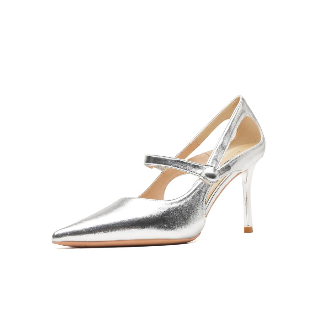 8869 [sheepskin] high heels women's thin heels 2025 new pointed temperament light mouth hollow silver single shoes