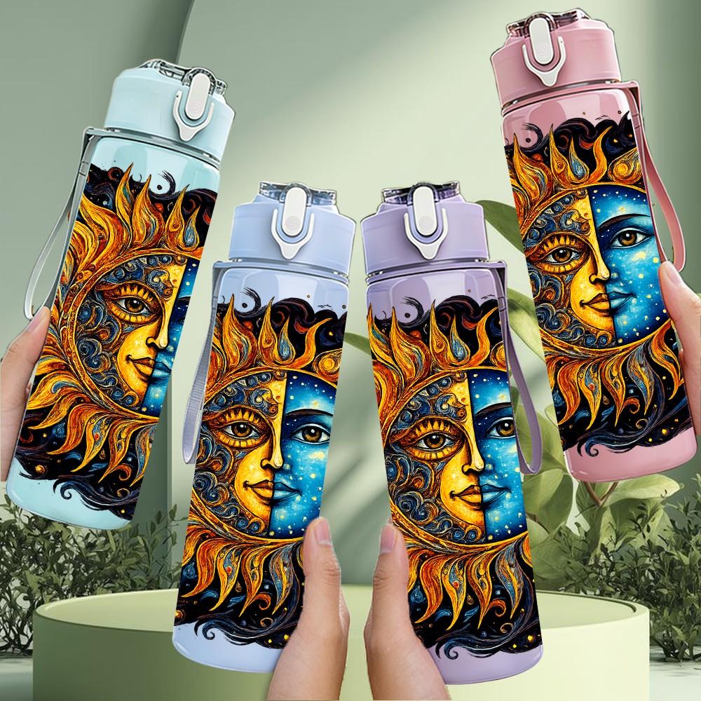 1PC Sun Moon Face Bohemian Art Print 750ml Color Plastic Sports Water Bottle Leakproof Flip Straw Lid Suitable for Sports Office Home Use