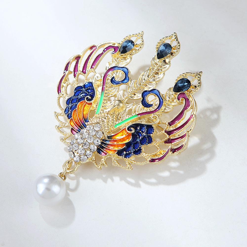 Chinese Style Retro Birds and Phoenix Luxury Enamel Phoenix Alloy Brooch Female Pearl Aurora Suit Accessories Long-Lasting Color Exquisite Brooch Gift