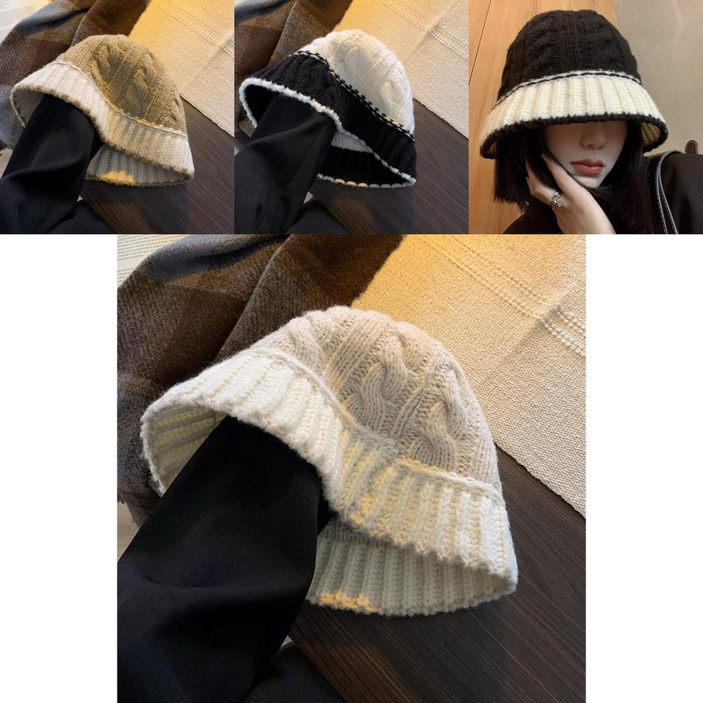 Black Knitted Fisherman Hat Women's Winter Korean Style Fashionable Wide Brim Cap