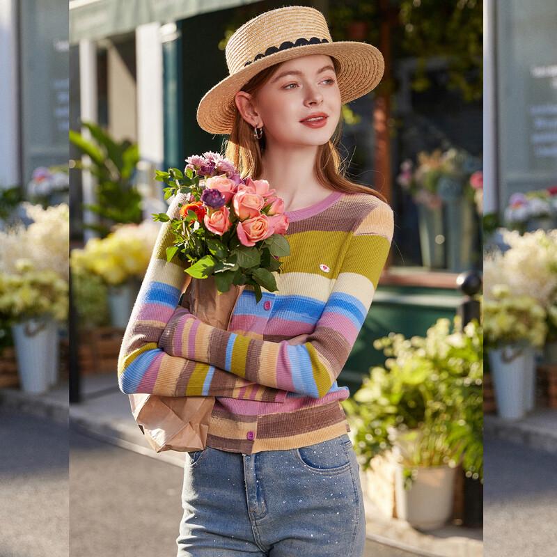 Damen-Strickjacke im koreanischen Stil, gestreift, Wollmischung