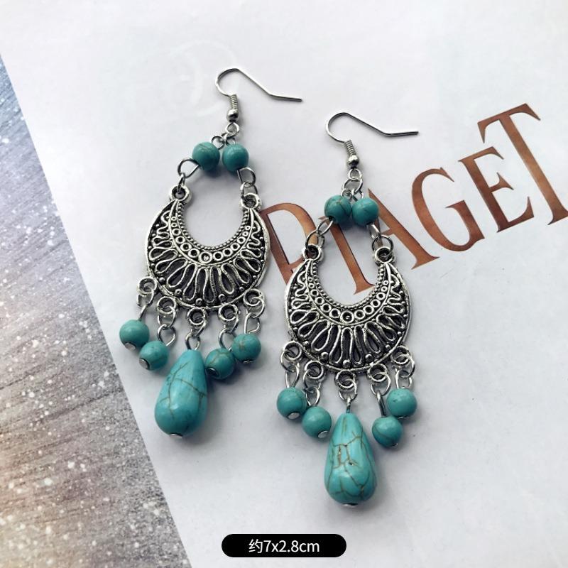 Temperament Retro Turquoise Earrings, Ancient Silver Water Drop Fringed Earrings, Women's Versatile Long Ear Jewelry