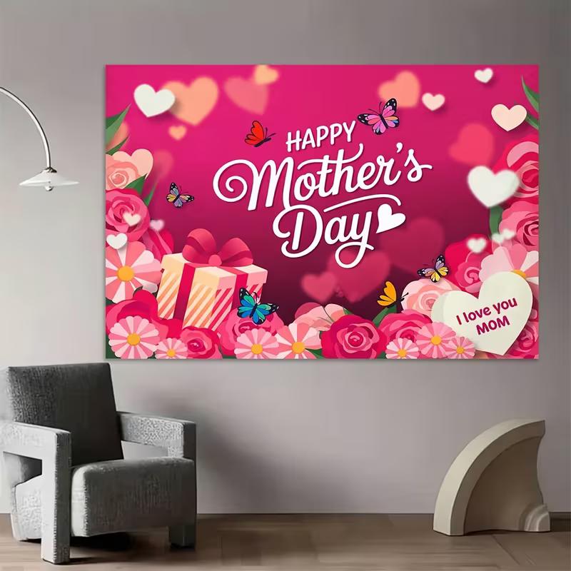 2D Romantic Mother's Day Backdrop Pink Heart and Flower Butterfly Decoration for Photo Booth