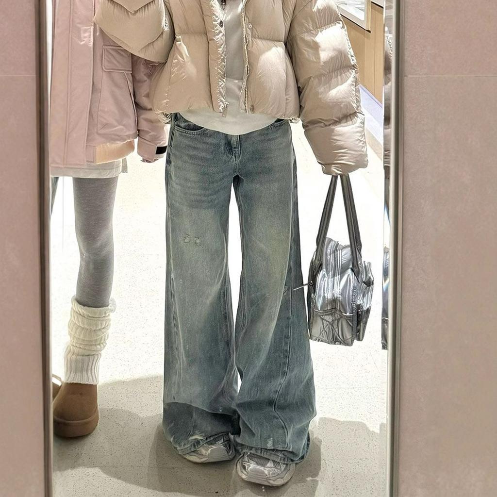 Pear-shaped Figure Thick Leg Wide Crotch Trousers Women Frayed Jeans Loose Large Size Straight Micro-launch Wide Leg Trousers Long Denim Pants