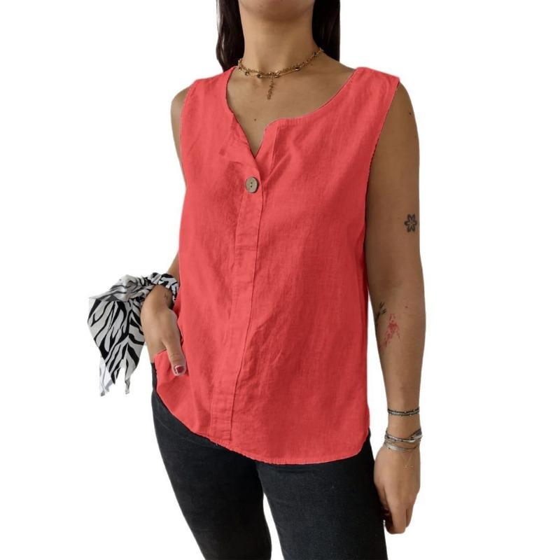 Spring Summer Women's Linen Blend Sleeveless Tank Top V Neck Button Front Casual Blouse