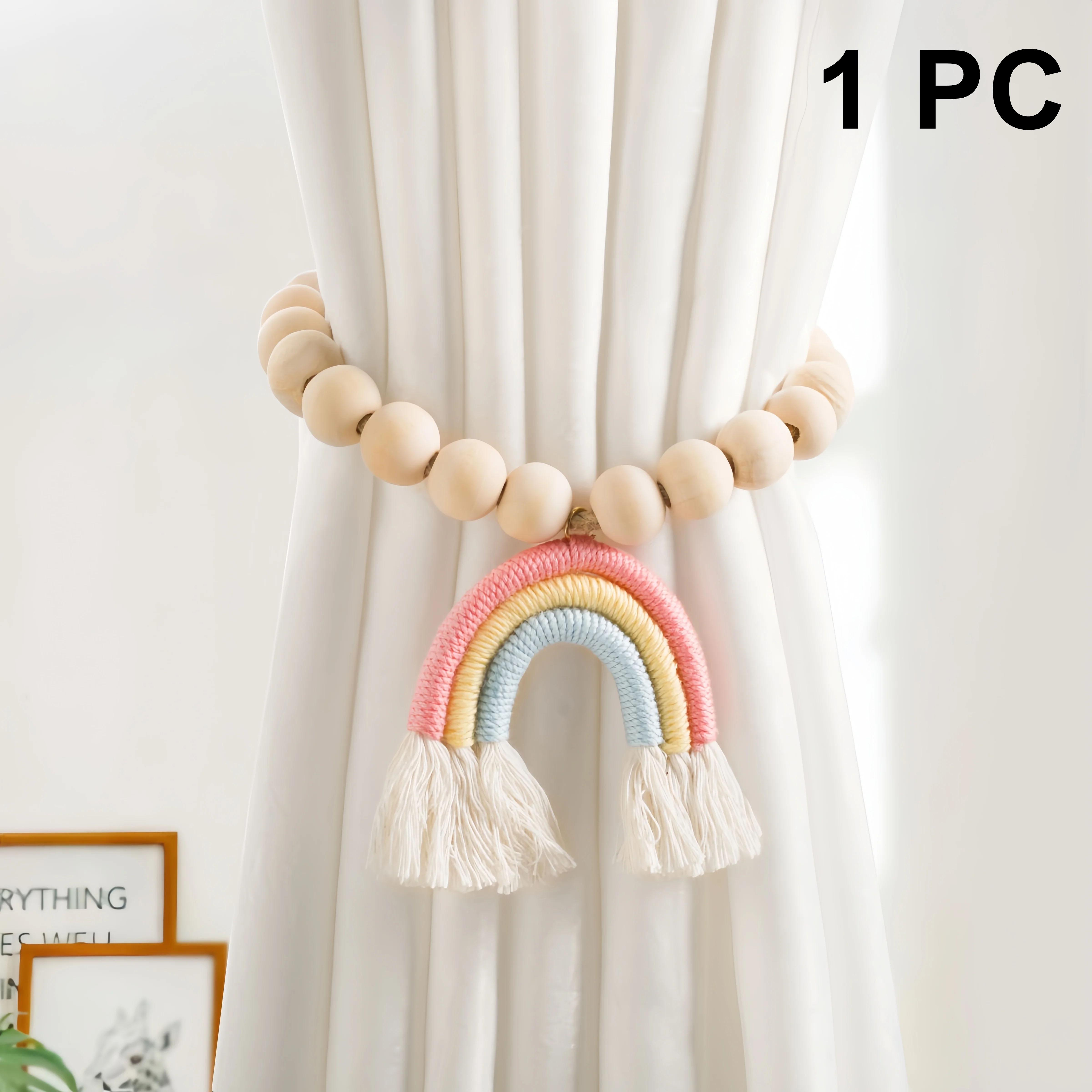 1pc Magnetic Wooden Curtain Tieback with Tassel & Beads - Natural Wood Beads & Rainbow Tassel for Living Room Decorative