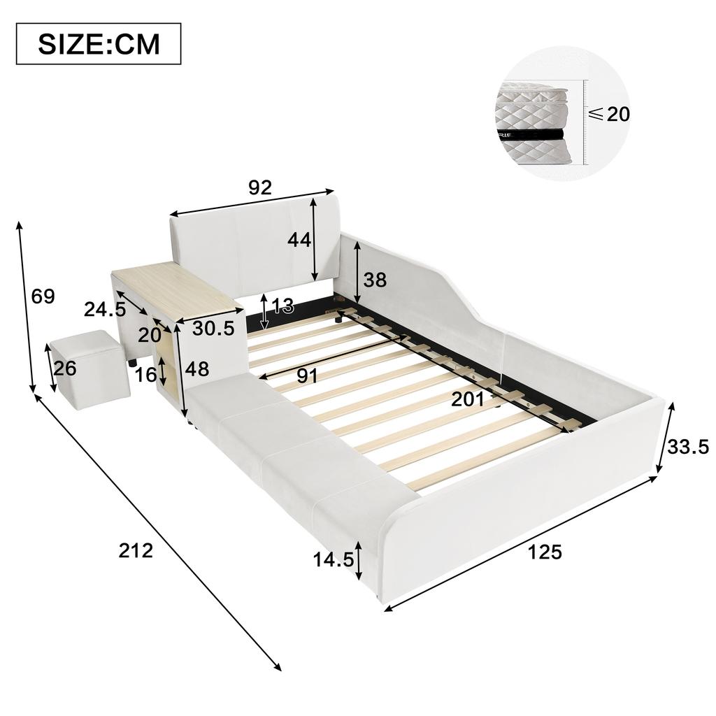 Letto imbottito, Letto singolo con scrivania per bambini e sgabello, Con mensola, Testiera morbida, Letto per bambini con doghe in legno, Velluto, Bianco, 90x200cm