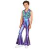 Kids Metallic Shiny Sleeveless Jumpsuit with Print Patchwork and Flared Pants for Boys Disco Halloween Party Outfit