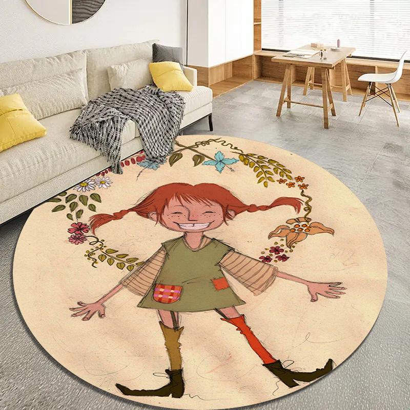 Covor rotund de desen animat Pippi Șoseta Lungă, Covor pentru Living, Dormitor, Canapea, Cameră de Joacă Decor, Covoraș Antiderapant Q0030