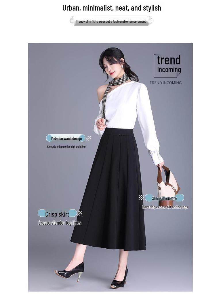 Spring 2025 Women's High-Waist Pleated A-Line Skirt - Casual Mid-Length Swing Skirt