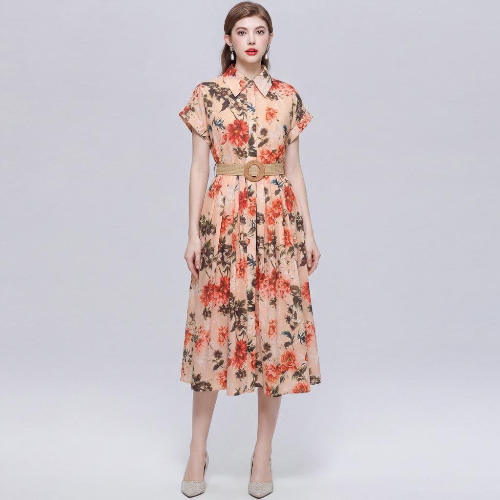 Summer Floral Print Shirt Dress for Women Short Sleeve Maxi Sundress with Lapel Neck Buttons Vintage Fashion Belted Robe