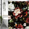 Peony Flower Green Leaf Bird Shower Curtain, Bathroom Decorative Shower Curtain, Waterproof Shower Curtain with Hooks