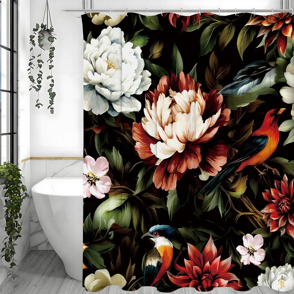 Peony Flower Green Leaf Bird Shower Curtain, Bathroom Decorative Shower Curtain, Waterproof Shower Curtain with Hooks