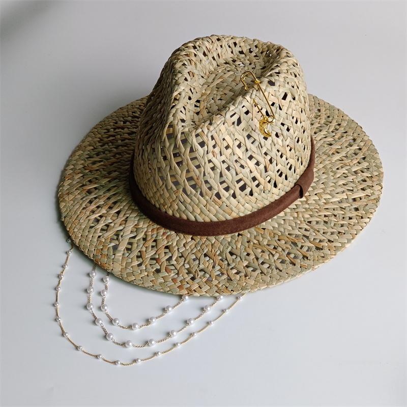 S European And American Style Pin Design Straw Hat Female Hollow Letter Sun Hat Fashion Metal Chain Sunshade Hat