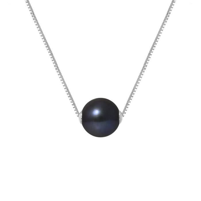

PERLINEA - AAA+ Round Freshwater Cultured Pearl Necklace 9-10 mm - Black - Venetian - 925 Thousandths Silver - Women s Jewelry чорний