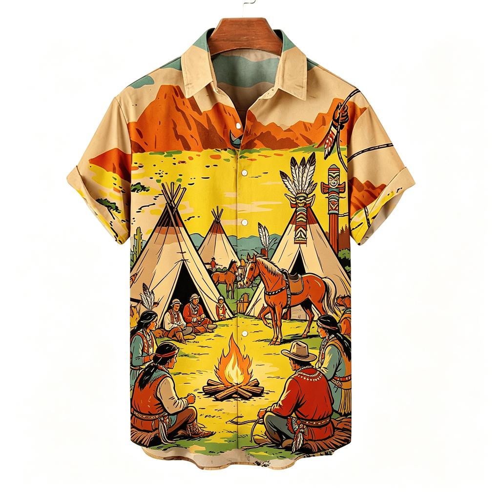 Men's Western Cowboy Rodeo Print Short Sleeve Shirt, Retro Comic Style, Casual Summer Vacation