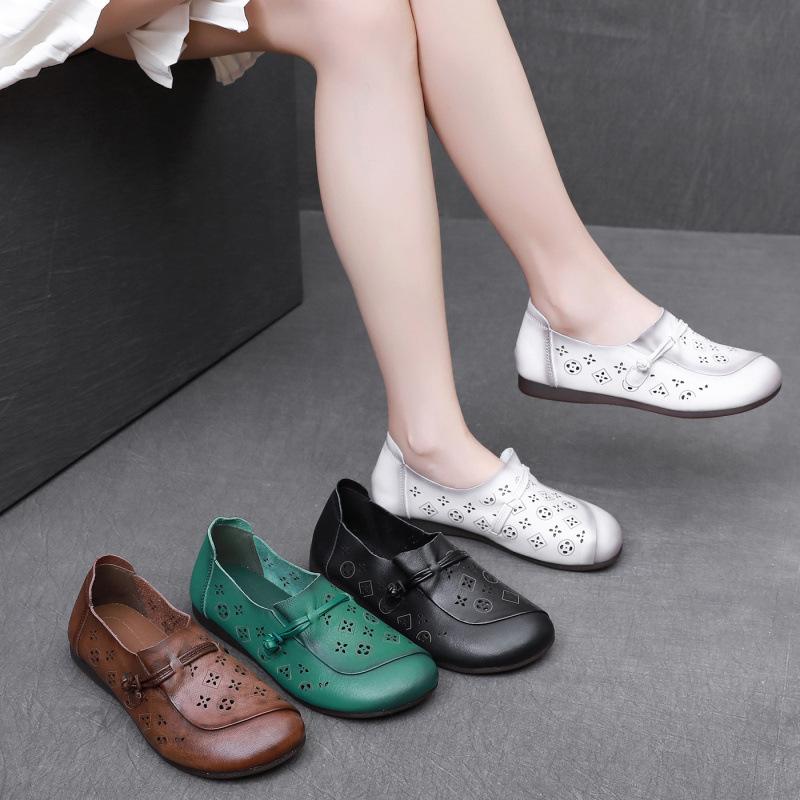 Fashion GKTINOO Summer Genuine Leather Flats New Fashion Women Shoes Woman For Mom Women's Comfortable Handmade Pregnant Hollow Sandals