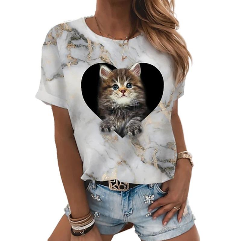 Animal Series Digital 3D Printed Men's Women's Short Sleeved T-shirt Cute Cat Round Neck Base Top